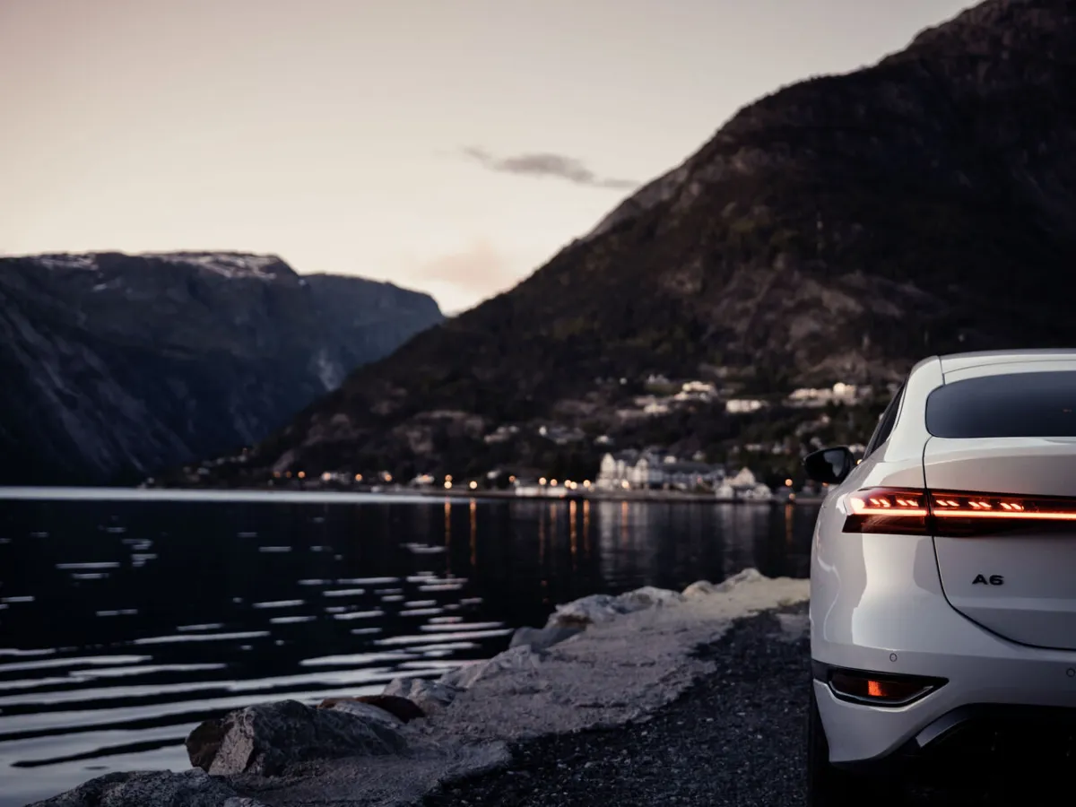Audi A6 Sportback e-tron rear light, by the water